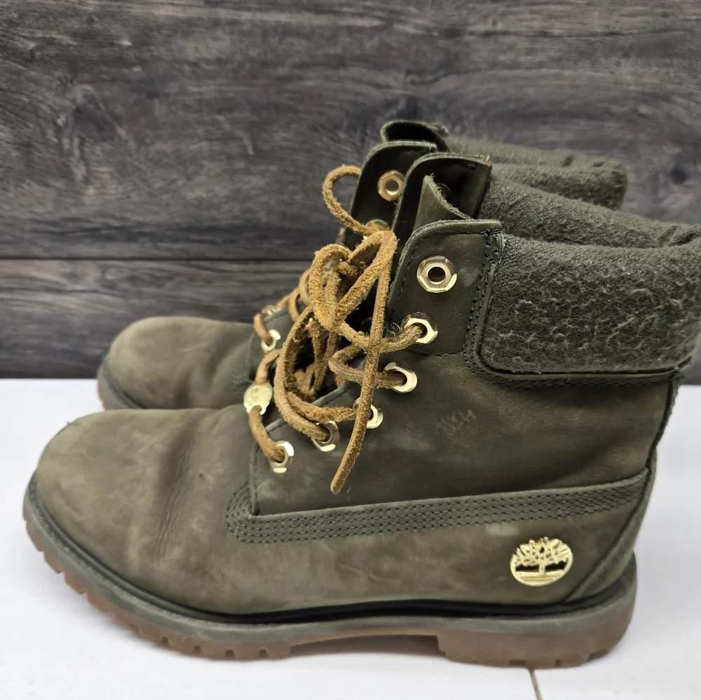 Timberland 6 Inch Premium Dark Green Gold Accents Boots Women's Sz 8 Winter Snow
